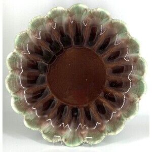 Vintage Royal Haeger  Pottery Green & Brown Console Shallow Scalloped Bowl 13"